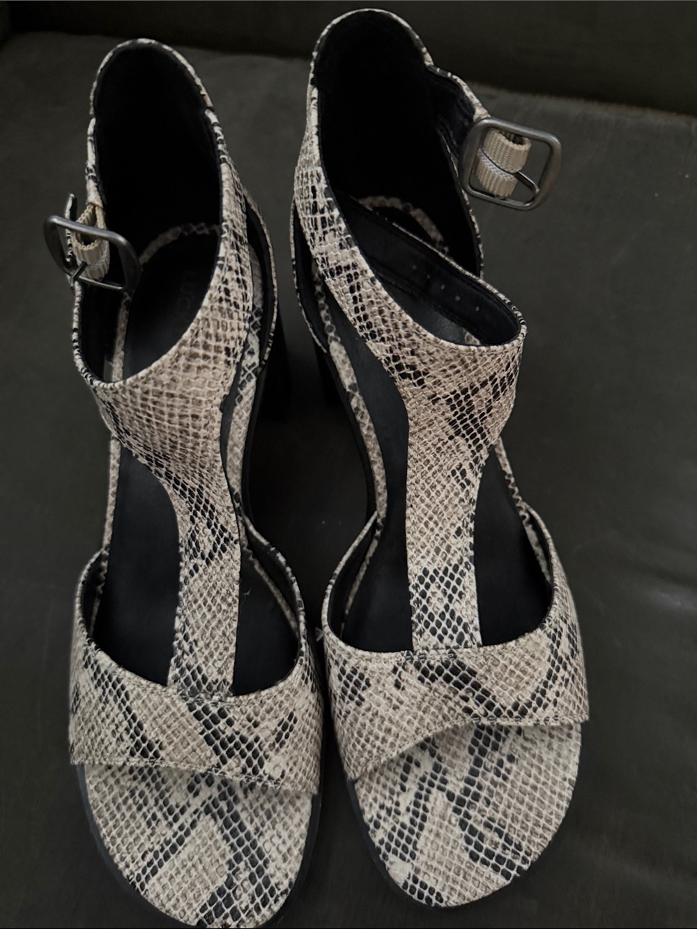 Lucky Brand Snake-Print T-Strap Heels in Beige and Black